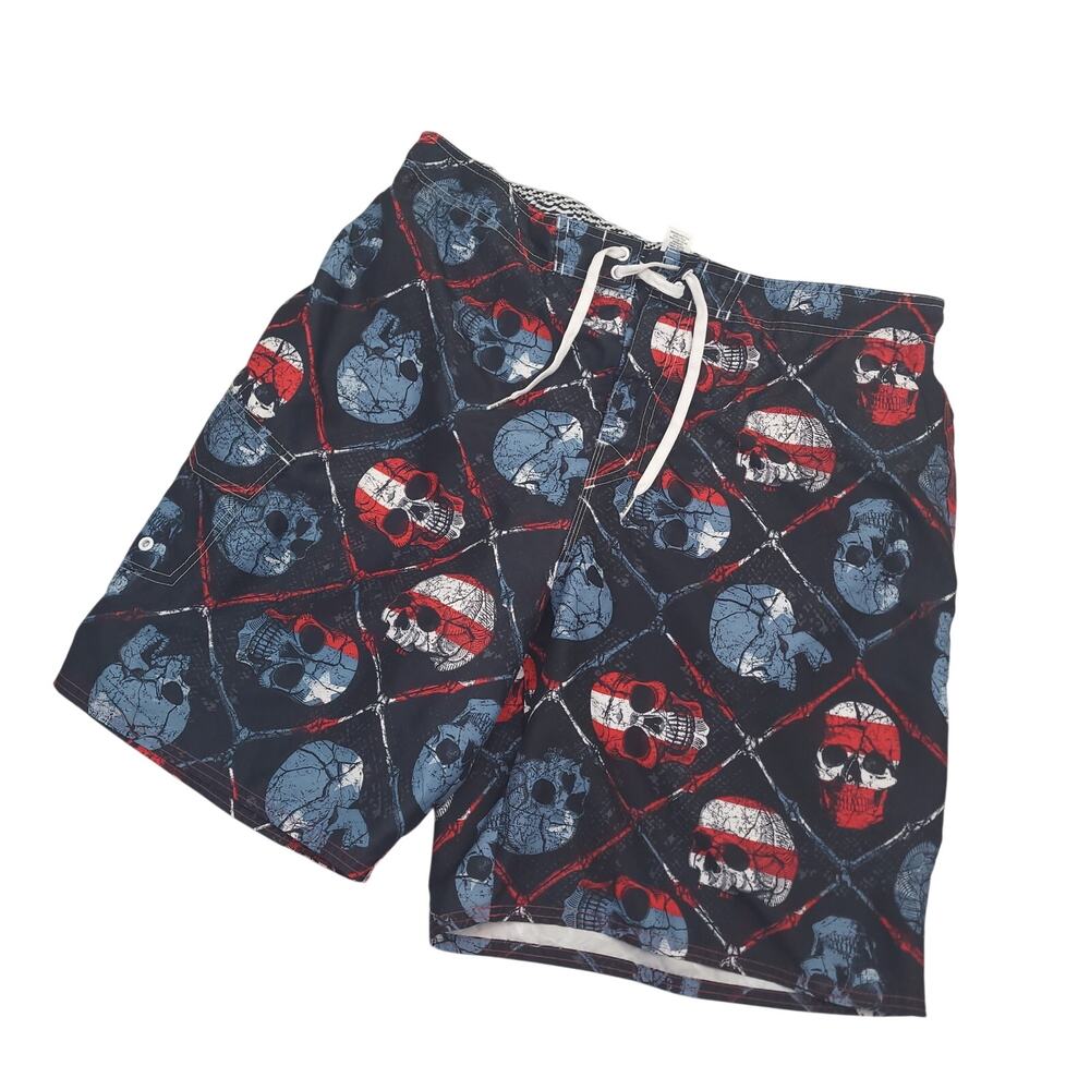 Vintage Joe Boxer Mens Board Shorts XL Patriotic Skulls & Crossbones Swim Trunks